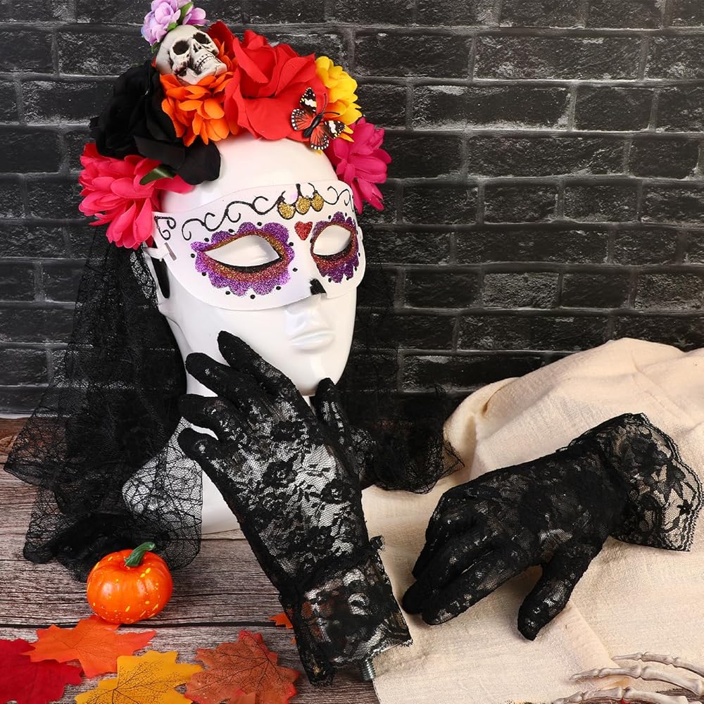 Xaatren Day Of The Dead Kostüm-Set Für Frauen – Inkl. Rock, Handschuhe, Strümpfe, Tattoos & Schleier