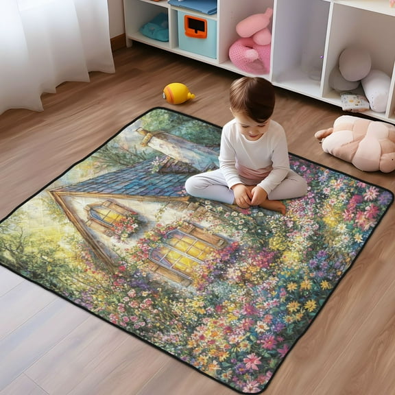 WOBOGO Colorful Flower Church Baby Playmats Extra Large Waterproof Rollable Activity Pads for Toddlers 50×50inch