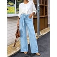 thumbnail image 4 of Women's High Waisted Wide Leg Denim Jeans, Light Blue Wash, with Long Detachable Waist Strap Ties, Straight Casual Pants, 4 of 7