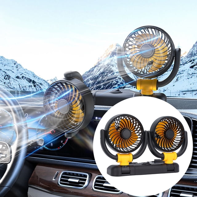 Dual Head Car Fan, DC Brushless Motor Dashboard Mount 360 Degree Rotation Car Mounted Dual Head Fan Powerful for Vehicle