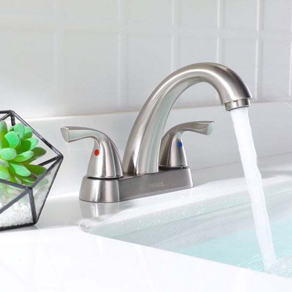 PARLOS Centerset Two-Handle Bathroom Sink Faucet with Metal Drain Assembly and Supply Hose, Brushed Nickel