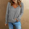thumbnail image 2 of Honeeladyy Vintage Long Sleeve V Neck T Shirts for Women,Loose Fit Tunic Tops Solid Color Basic Retro Blouse Gift Gray S, 2 of 9
