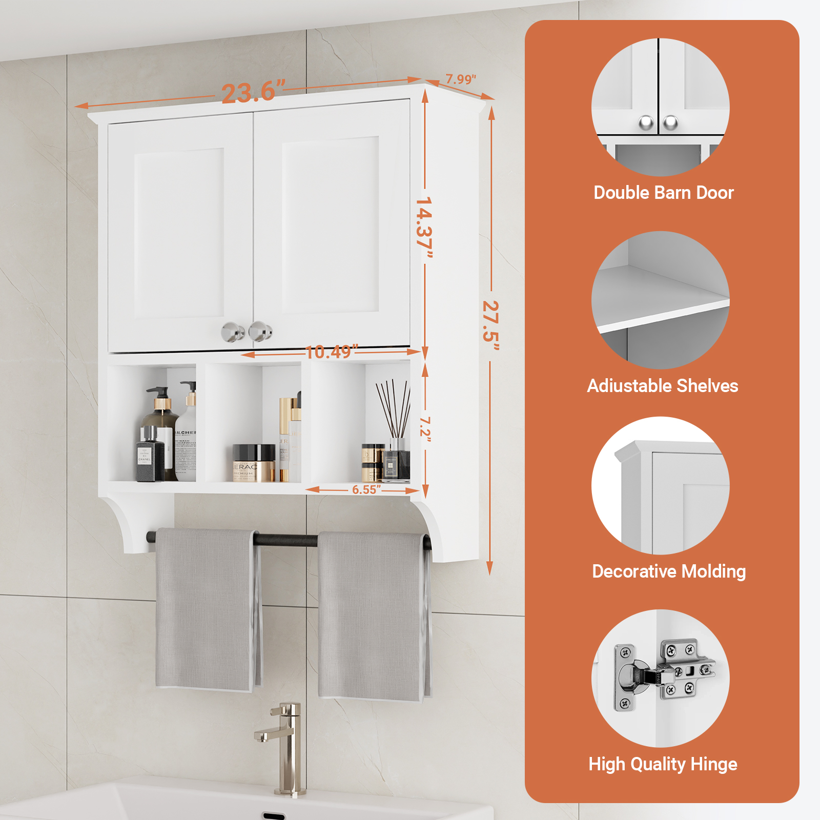 KZElegy Bathroom Wall Cabinet, Bathroom Medicine Cabinet Wall Mounted 2-Door with 3 Open Shelves, Over The Toilet Storage Cabinet with Towels Shelf,White