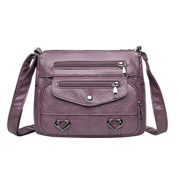 Bmisegm Heart Decor Crossbody Bag Solid Vintage PU Leather Shoulder Bag Versatile Women Pockets Purse with Buckle and Zipper Messenger Bags for Women Purple One Size