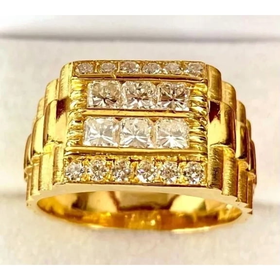 2Ct Round Cut Simulated Diamond Men's Band Wedding Ring 14k Yellow Gold Plated 925 Sterling Silver