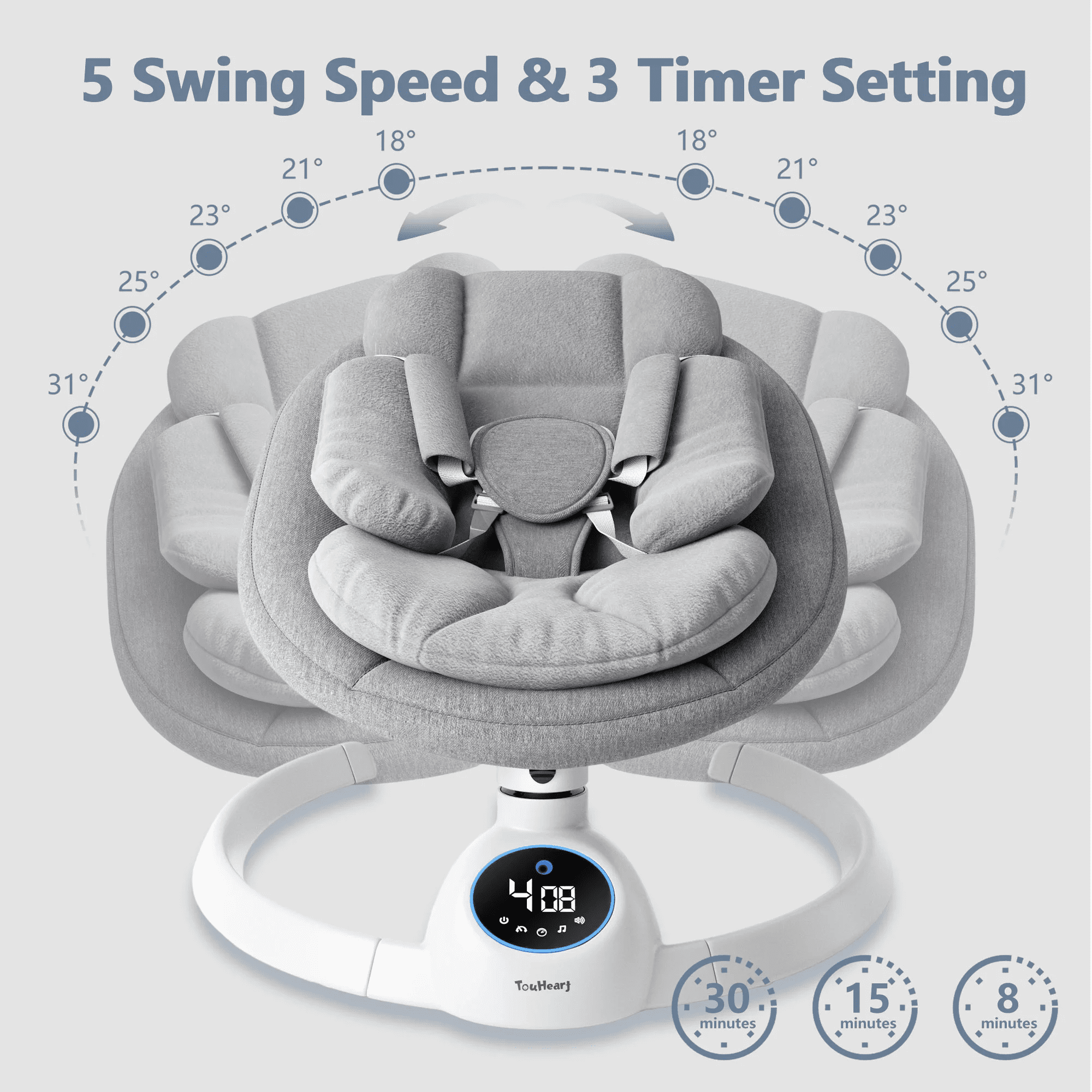 TouHeart Electric Baby Swing, Infant Rocker with Bluetooth & Remote,5 Speeds,10 Lullabies,3 Timing, Gray