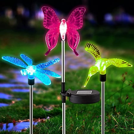 Rirool 3 Pack Solar Lights Outdoor  Multi-Color Changing LED Garden Stake Butterfly Dragonfly Hummingbird Lights