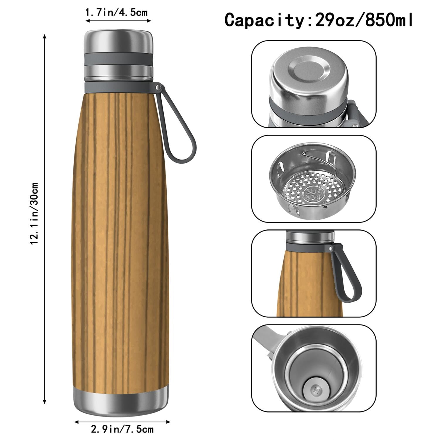 29oz Insulated Water Bottle with Tea Infuser, Stainless Steel Travel Mug, Wood Print
