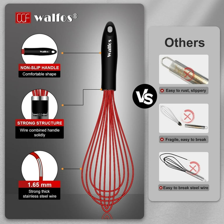 Silicone Whisk,Walfos Heat Resistant Kitchen Whisks for Cooking Set of  4-Non Scatch Rubber Coated for Non-stick Cookware, Balloon Egg Wisk Perfect  for