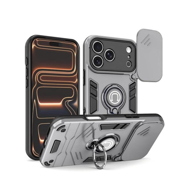 Case for iPhone 17 Pro Built In Slide Camera Cover & 360°  Rotatable Kickstand Sliding Ring Heavy Duty ShockProof Protective Cover,Grey,For iPhone 17 Pro