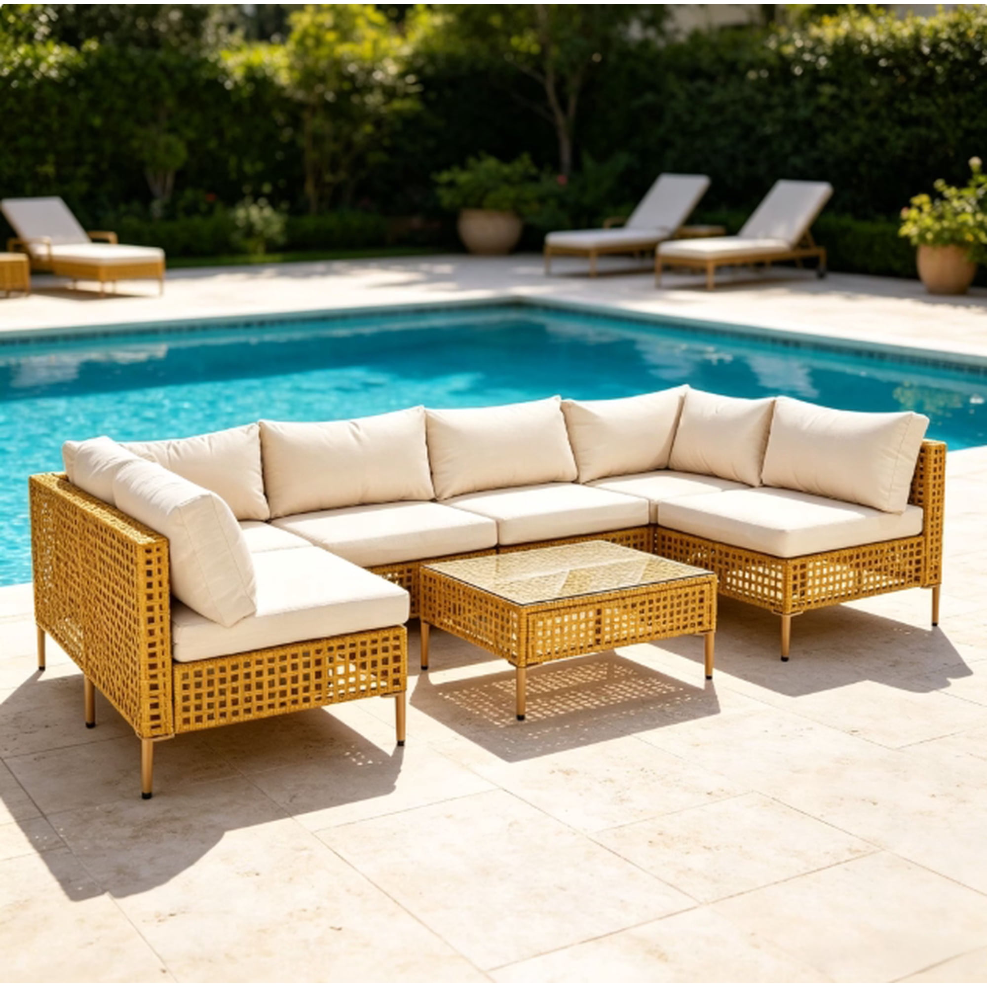 Ktaxon 7PC Wicker Patio Furniture Set Outdoor Sectional Sofa with Water Resistant Cushions, Glass Coffee Table, Boho Conversation Set Beige