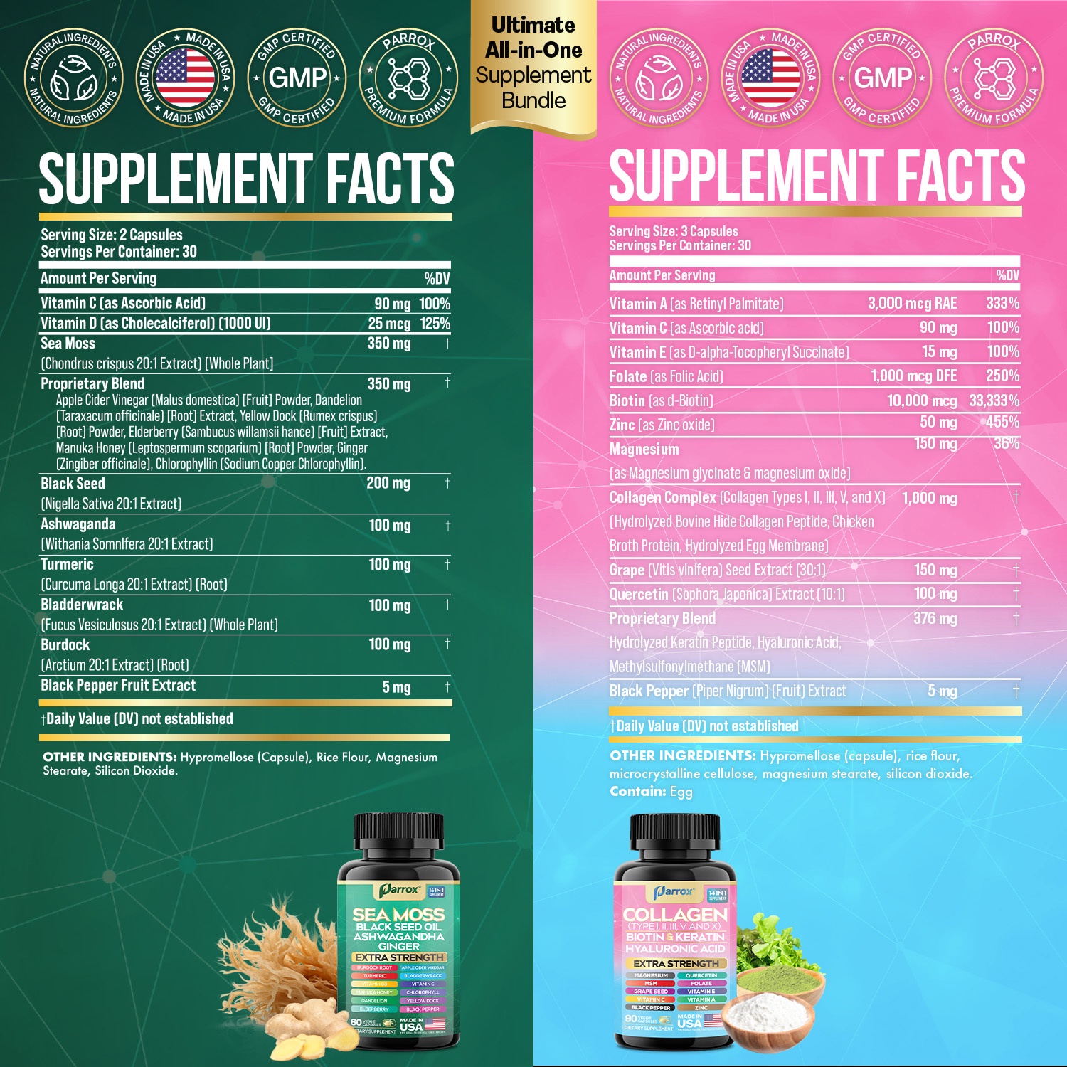 Parrox Radiant Wellness Bundle-Sea Moss, Black Seed Oil, Ashwagandha, Ginger, Collagen Types I II III V X, Biotin, Keratin, Hyaluronic Acid, Burdock Root, Turmeric, Vitamin D3, Magnesium, MSM, Folate