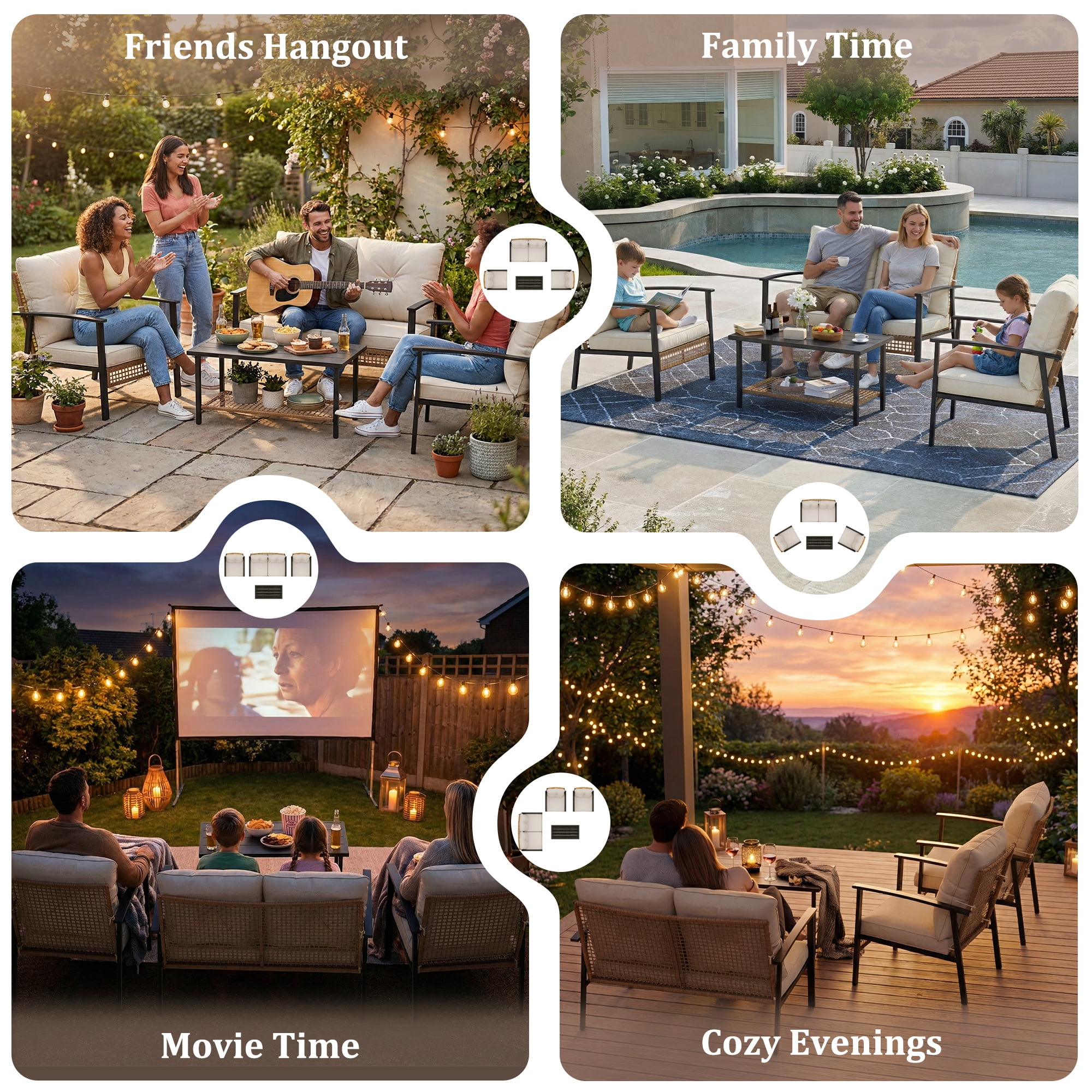 Deersky 4 Pieces Outdoor Patio Furniture Set with 2 All-Weather Wicker Chairs, Loveseat and Coffee Table, Easy Assembly for Balcony, Porch, Backyard