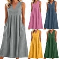 thumbnail image 2 of gakvbuo Summer Tank Dresses For Women Casual V-Neck Pockets A-Line T-Shirt Dress Solid Sleeveless Sundresses Plus Size Maxi Dress, 2 of 5