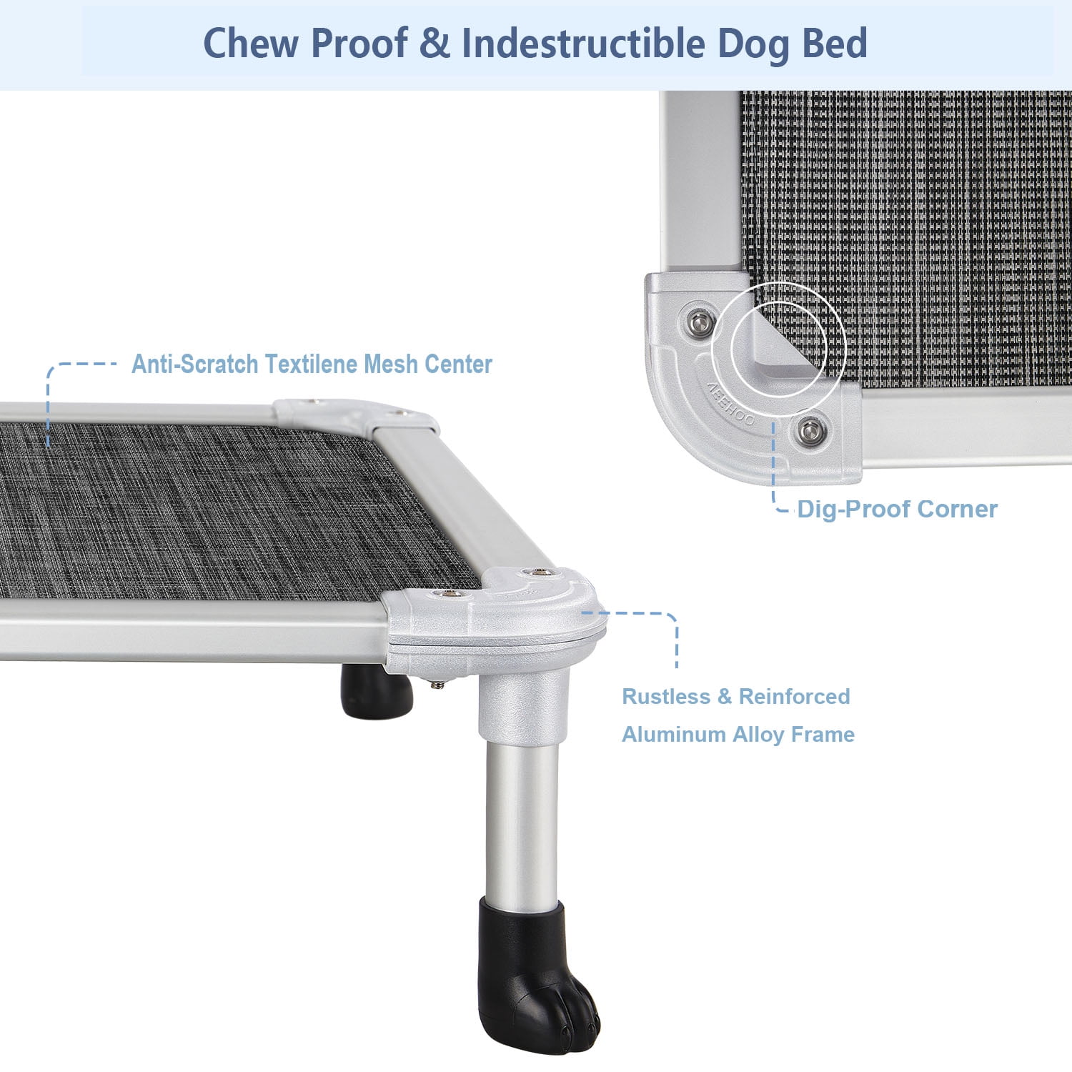 Veehoo Chew Proof Dog Bed, Rustless Aluminum Frame and Textilene Mesh Fabric, Black Silver, Medium