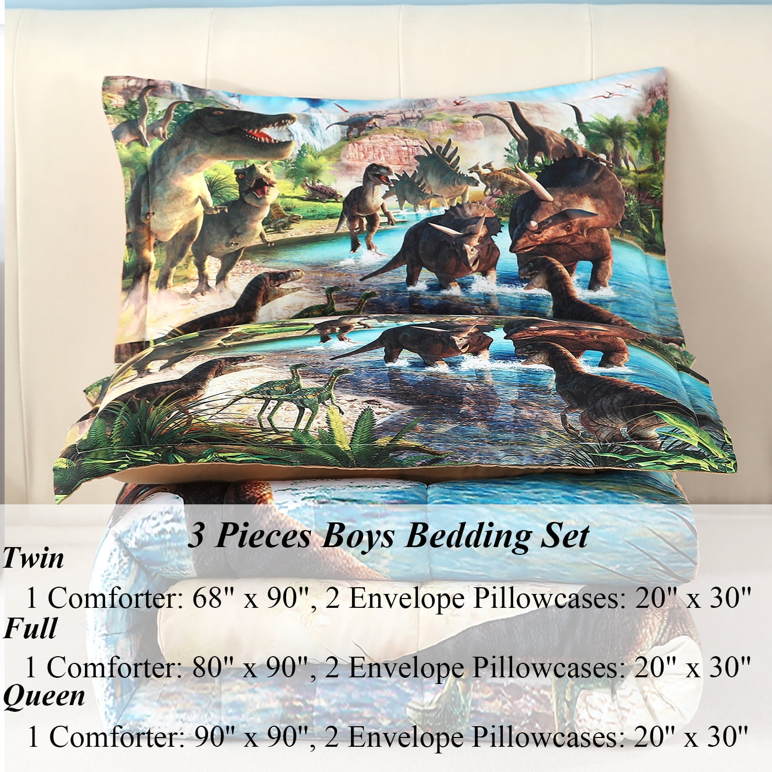 URBONUR Dinosaur Boys Bedding Set Twin Size 3D Digtal Dinosaur Print Comforter Set with Pillowcases, 3 Pieces Soft Reversible Bed Sets for Toddlers/Teens