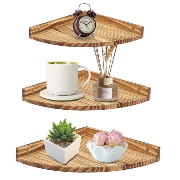 VEGCOO Rustic 3-Piece Solid Wood Wall Shelves Set - Triangular Corner Floating Shelves, Pine Wood Wall Fan Shaped Mounted Display Shelves, Easy Install for Bathroom, Kitchen, Living Room Decor