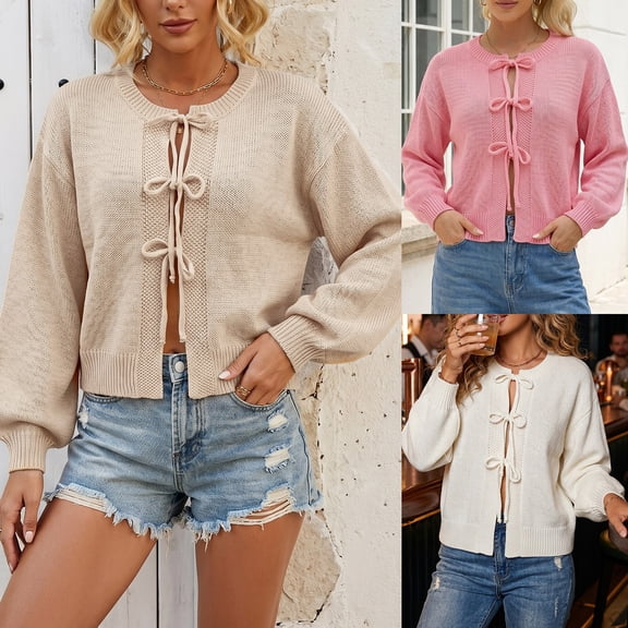Women's Tie Front Bow Cardigan Sweaters Knit Long Puff Sleeve Trendy Fall Winter Jacket Coats Beige XL(XL)