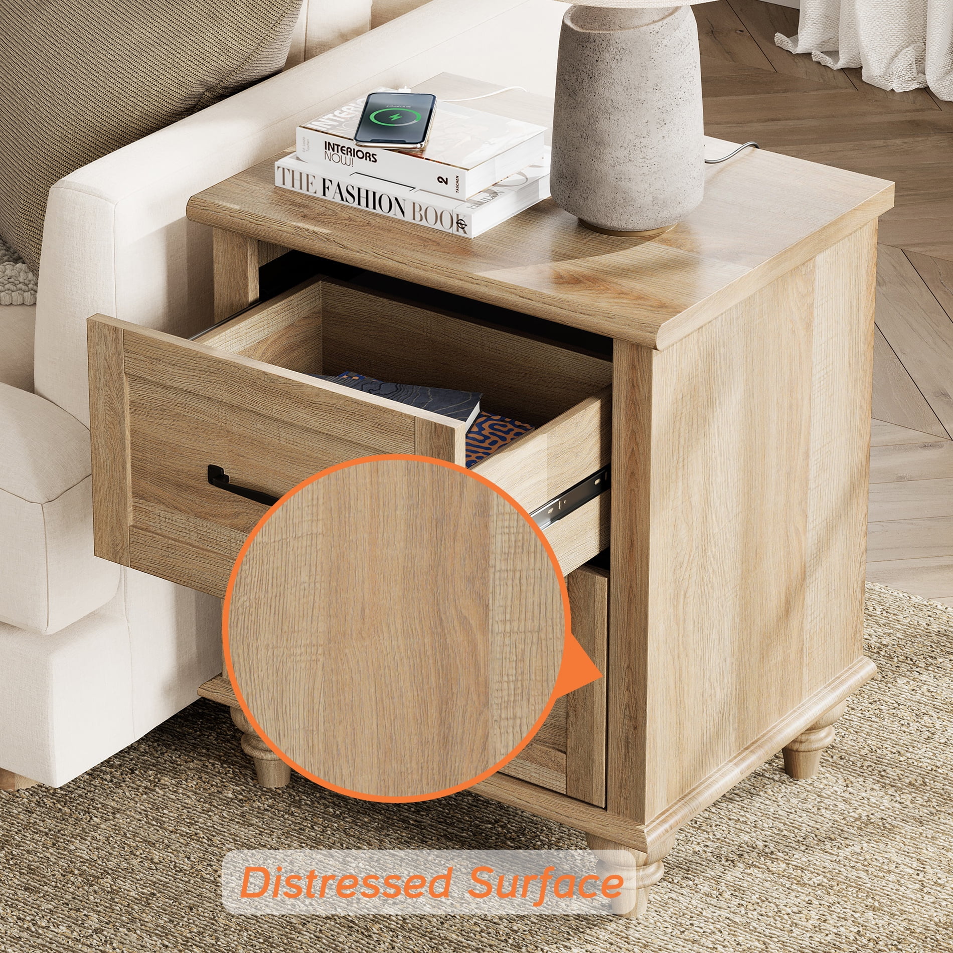 Nightstand with Charging Station, Farmhouse End Table with 2 Drawers & Wood Legs for Bedroom, Light Rustic Oak