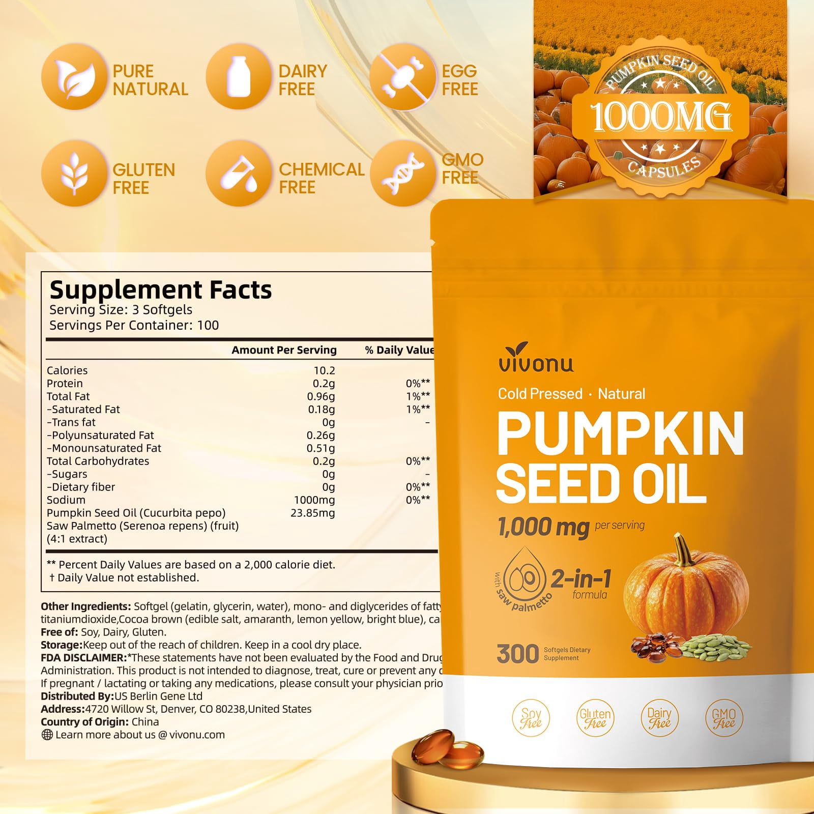 Pumpkin Seed Oil with Saw Palmetto,300 Softgels |