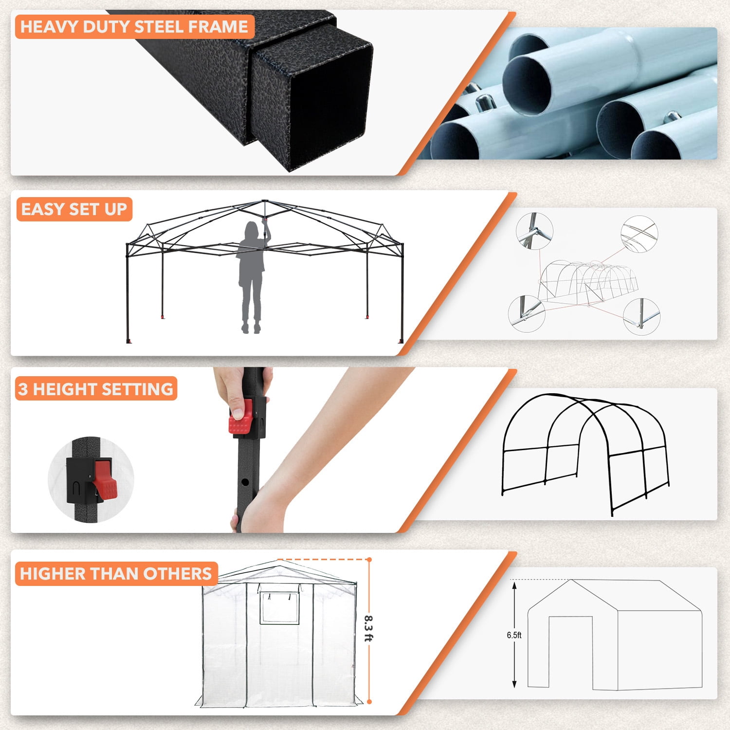 EAGLE PEAK 12x8 Portable Walk-in Greenhouse with Support Pole, Pop-up Outdoor Plant Gardening Green House, Woven White