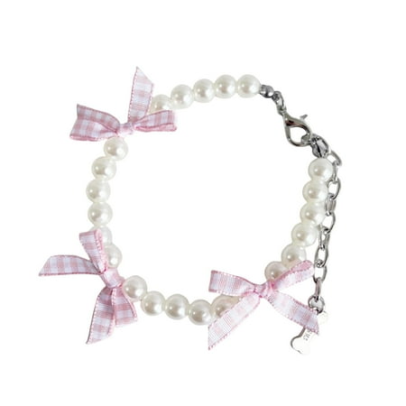 Aruwei Pet Faux Pearl Necklace Dog Bowknot Collar Non-Fading Adjustable Wedding Jewelry for Dogs and Cats