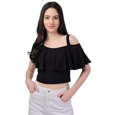 Stylesindia Womens Dressy Casual Tops Business Work Blouses Solid Flared Crop Top Round Neck Stretchable Top for Girls (US, Alpha, X-Large, Regular, Regular, Black)