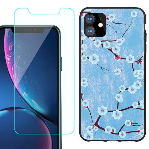 For Apple iPhone 11 Phone Case , Slim-Fit TPU Protective Case (Black), with Tempered Glass Screen Protector, by OneToughShield ® - Blossom Sky