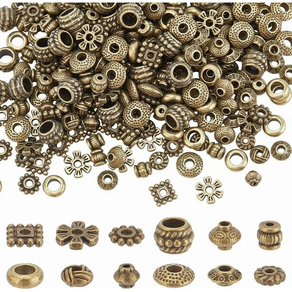 1 set 360pcs 12 Styles Antique Bronze Spacer Beads Flat Round Rondelle Square Beads Bicone Flower Spacers Loose Beads Tibetan Metal Beads for Bracelet Necklace Jewelry Making Supplies