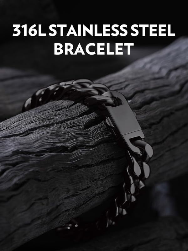 Bandmax 12MM Wide Black Cuban Chain Bracelet for Men Women Father's Day Gift for Son Dad Husband Stainless Steel Hip Hop Biker Wristlet Anklet Chain Jewelry