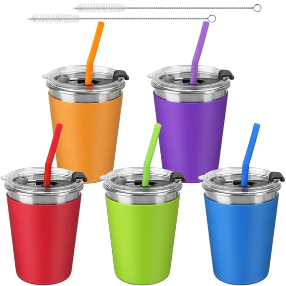 Zeya 5Pack Cups with Straws and Lids Spill Proof, 12oz Straw Cups with Colorful Silicone Sleeves, Unbreakable Stainless Steel Water Tumblers for Cold & Hot Drinks