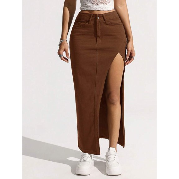 Coffee Brown High-Waisted Denim Maxi Skirt With Front Side Slit