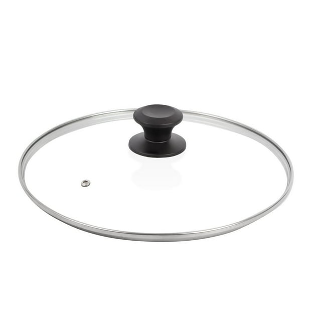 MesaSe 12” Tempered Glass Lid for Frying Pan Replacement Cover with Black Knob Stainless Steel Rim for 12 inch Cookware Skillets Cast Iron Cast Alluminium Pans 30CM