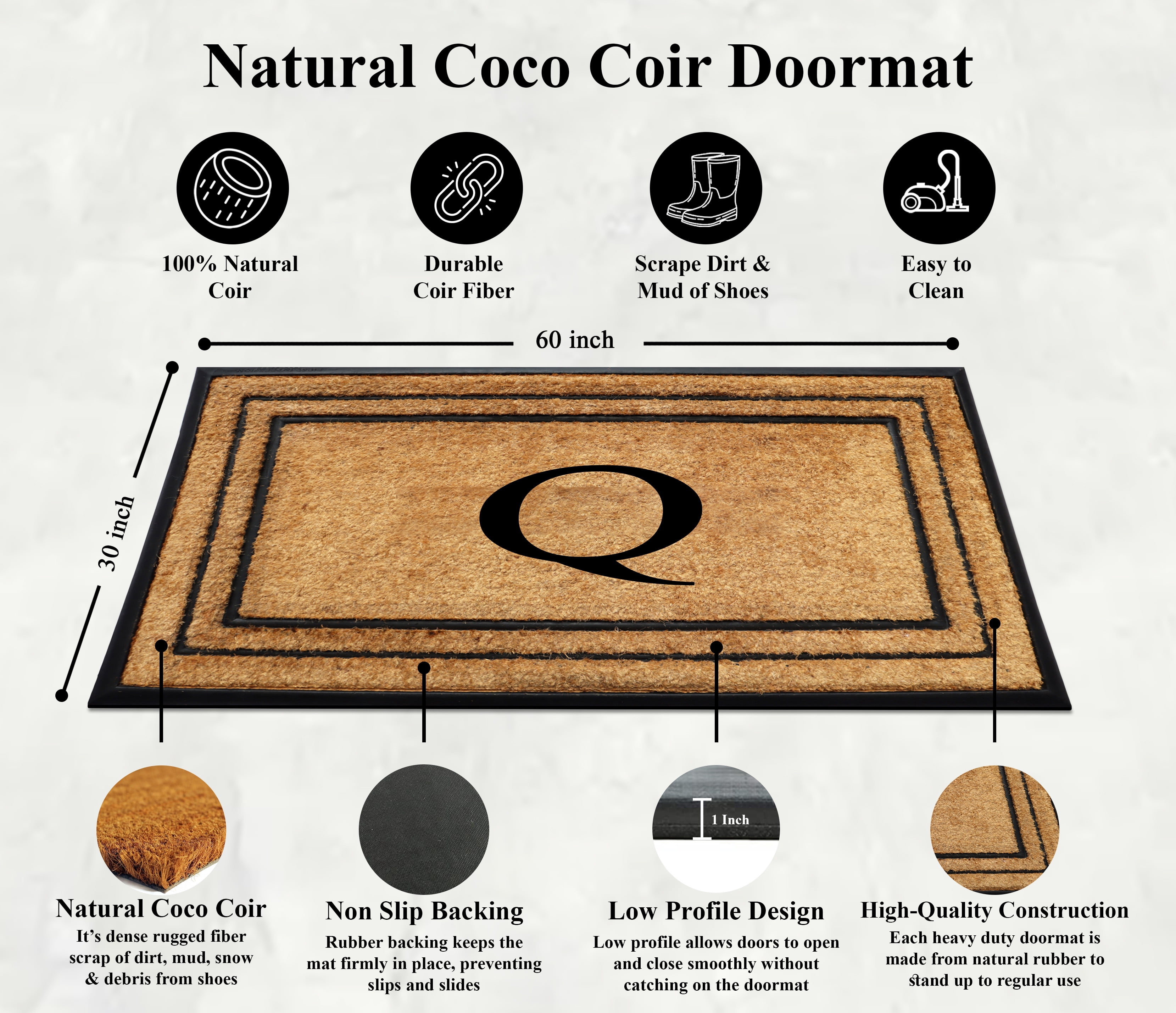 A1 Home Collections Natural Coir & Rubber Door Mat, Long-Lasting Entrance Doormats for Front Door, Thick & Non-Slip Durable Outdoor Entry Mat 30" x 60"