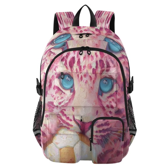 DIXRUYEE Pink Leopard & Soccer Backpack for School 14”Laptop Compatible with Reflective Safety Strips