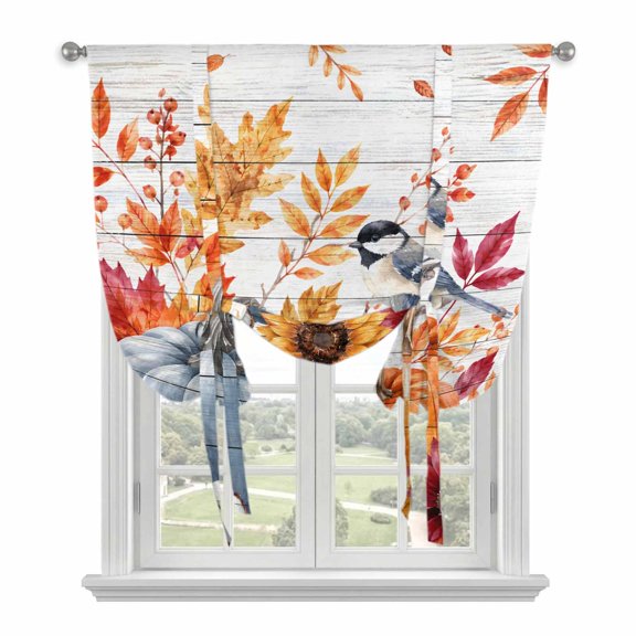 Fall Thanksgiving Tie Up Curtains 45 Inches Long, Kitchen Window Curtains Over Sink, Blue Pumpkin Sunflower Bird Grey Wood Small Window Curtains Balloon Curtains Valances for Bedroom/Cafe 34"x45"
