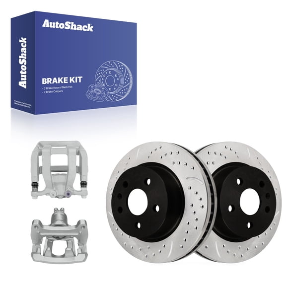 AutoShack Rear Vented Drilled & Slotted E-Coated Brake Rotors   Calipers 4-PC Brake Kit Replacement for 2016-2020 Chevrolet Camaro ShadowGuard 12.4" (315 mm)