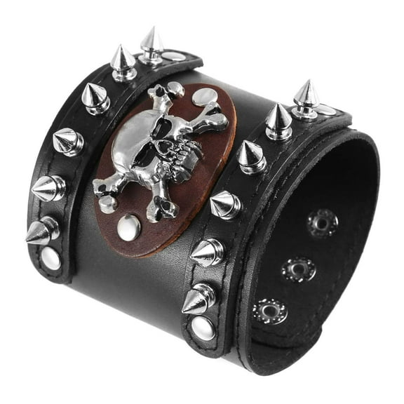 HZMAN Men's Metal Rivet Skull Leather Bracelet Punk Rock Bike Style Wristband Adjustable