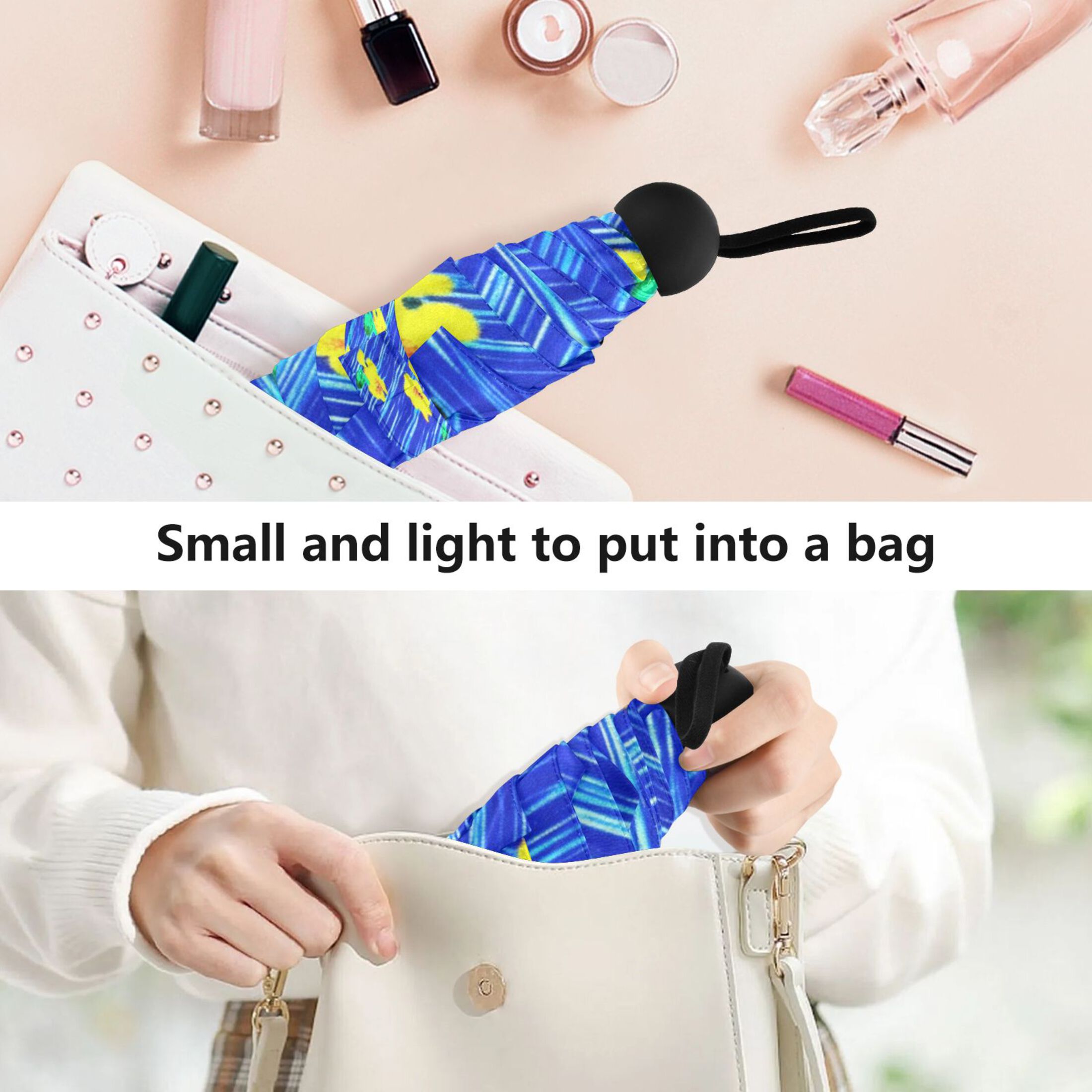Blue Rain Flowers Umbrellas for Sun Auto Open Close UV50+ Waterproof 5-Fold Compact Fiberglass Frame