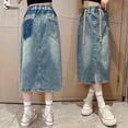 thumbnail image 5 of XQYLOS Teens Girls Denim Skirts High Waist Elastic Waistband A-line Midi Skirts with Drawstring Pockets for Toddler Kids Children's Slit Denim Skirts, 5 of 9