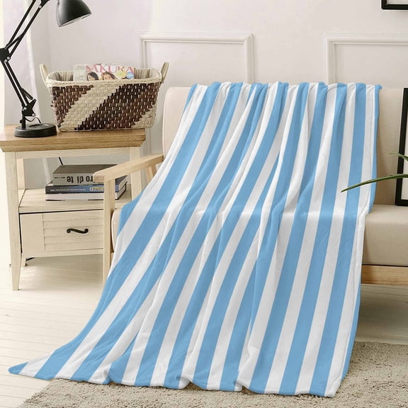 Flannel Fleece Throw Blanket, Sky Blue White Striped Soft Warm Fuzzy Cozy Blanket for Couch Bed Sofa Office, Geometric Lines 40x50in