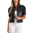 thumbnail image 1 of Chaqueta de mezclilla para mujer INSPIRE CHIC, de manga corta con volantes, con cuello de solapa, chaqueta de jeans negra, talla M, 1 of 6
