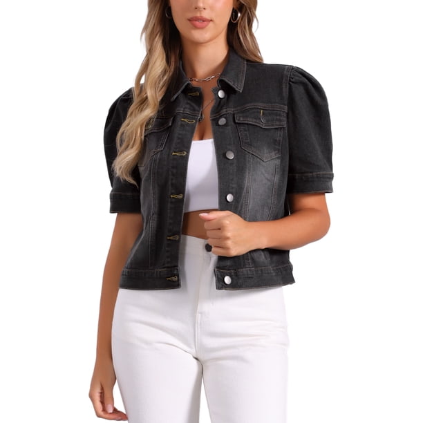 Chaqueta de mezclilla para mujer INSPIRE CHIC, de manga corta con volantes, con cuello de solapa, chaqueta de jeans negra, talla M