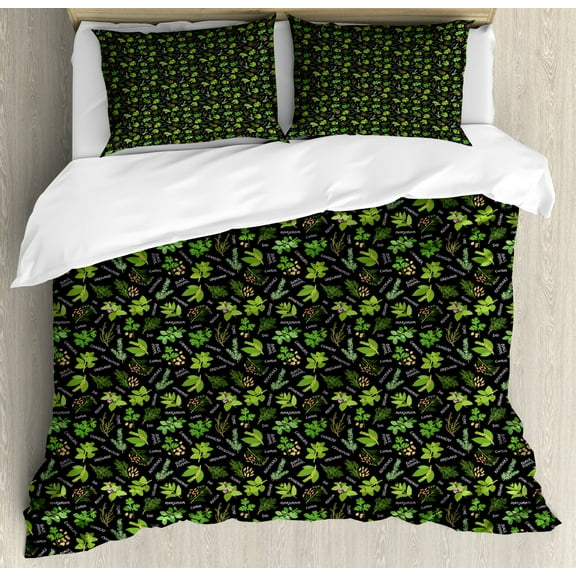 Spice Duvet Cover Set King Size, Graphical Illustration of Plants Scattered Leaves Plants and Typography, Decorative 3 Piece Bedding Set with 2 Pillow Shams, Night Blue Lime Green, by Ambesonne