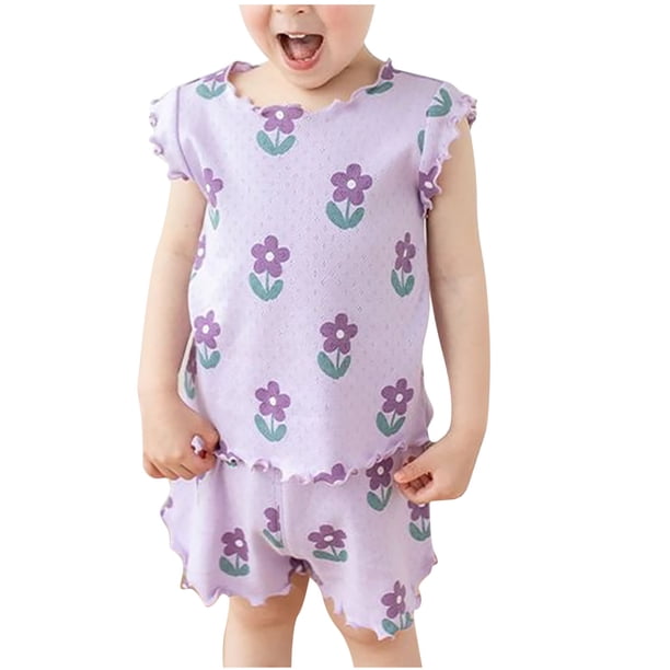 Odeerbi 2-9 Años Conjunto de Verano Para Niñas Camiseta de Manga Corta de Algodón Con Ribete de Lechuga Floral Pantalón Corto Conjunto de Dos Piezas Estampado de Flores