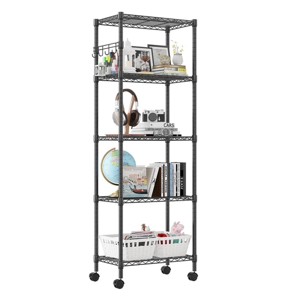 Legooin 5-Tier Storage Rack Wire Shelving Unit with Wheels Utility Shelf for Kitchen Garage Pantry 23"W x 14"D x 72"H, Black