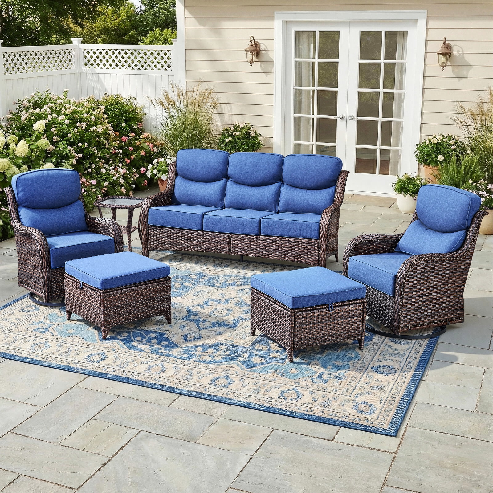 Bellefurn 6 Pieces Luxury Outdoor Patio Furniture Sets Outdoor Conversation Sets with Swivel Rocker Patio Chairs with 6" Thick Cushion,Sofa and Glass Coffee Table for Porch Deck Backyard Poolside