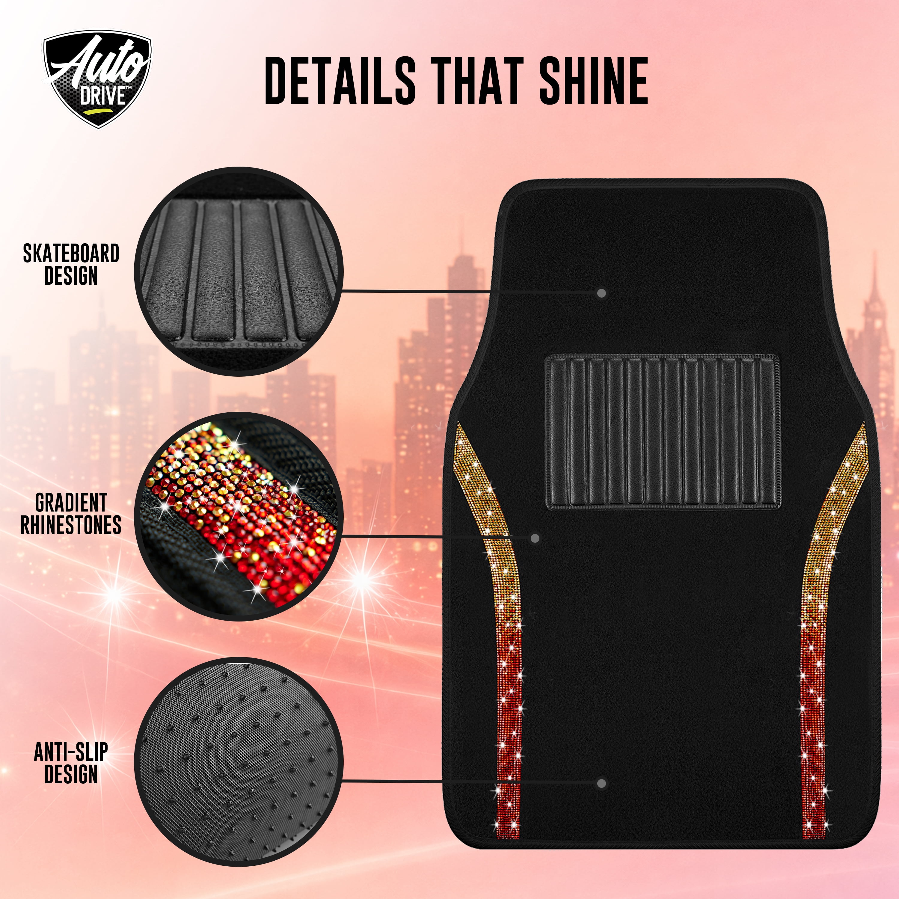Auto Drive Bling Diamond Car Floor Mats, 4-Piece Glitter Carpet Set, Universal Fit for Cars，SUVs Orange Red