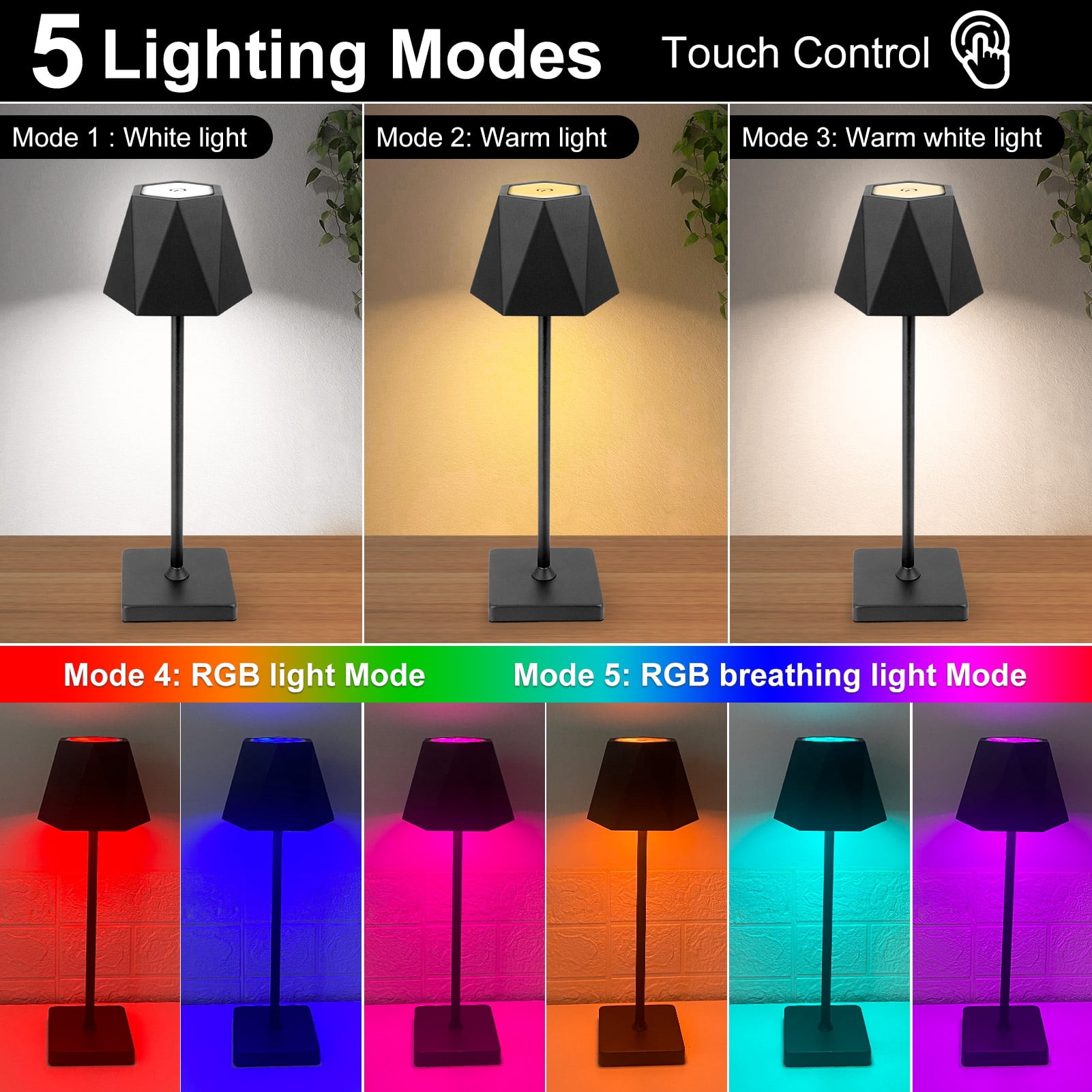 Asibpxy 14" Modern Cordless Matte Black Aluminum Table Lamp with Black Geometric Shade