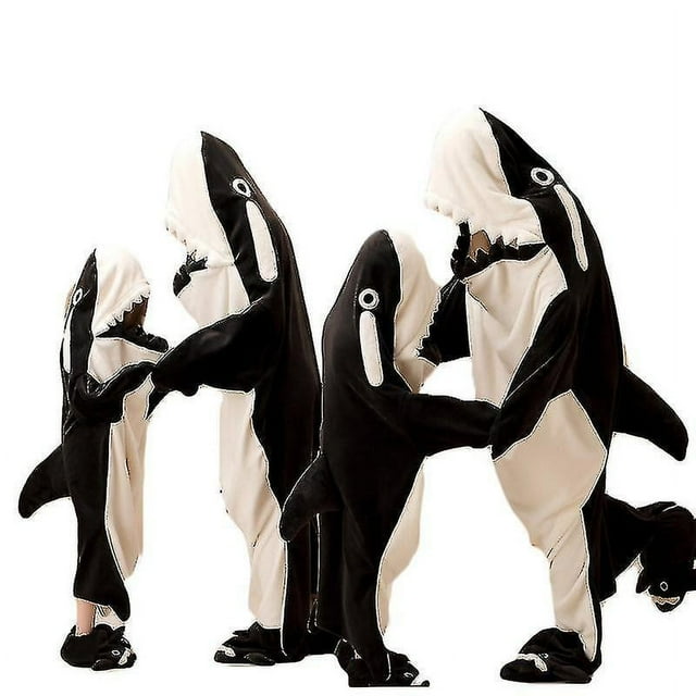 Manta de tiburón con capucha para adultos, manta usable, sudadera con capucha para niños, saco de dormir negro